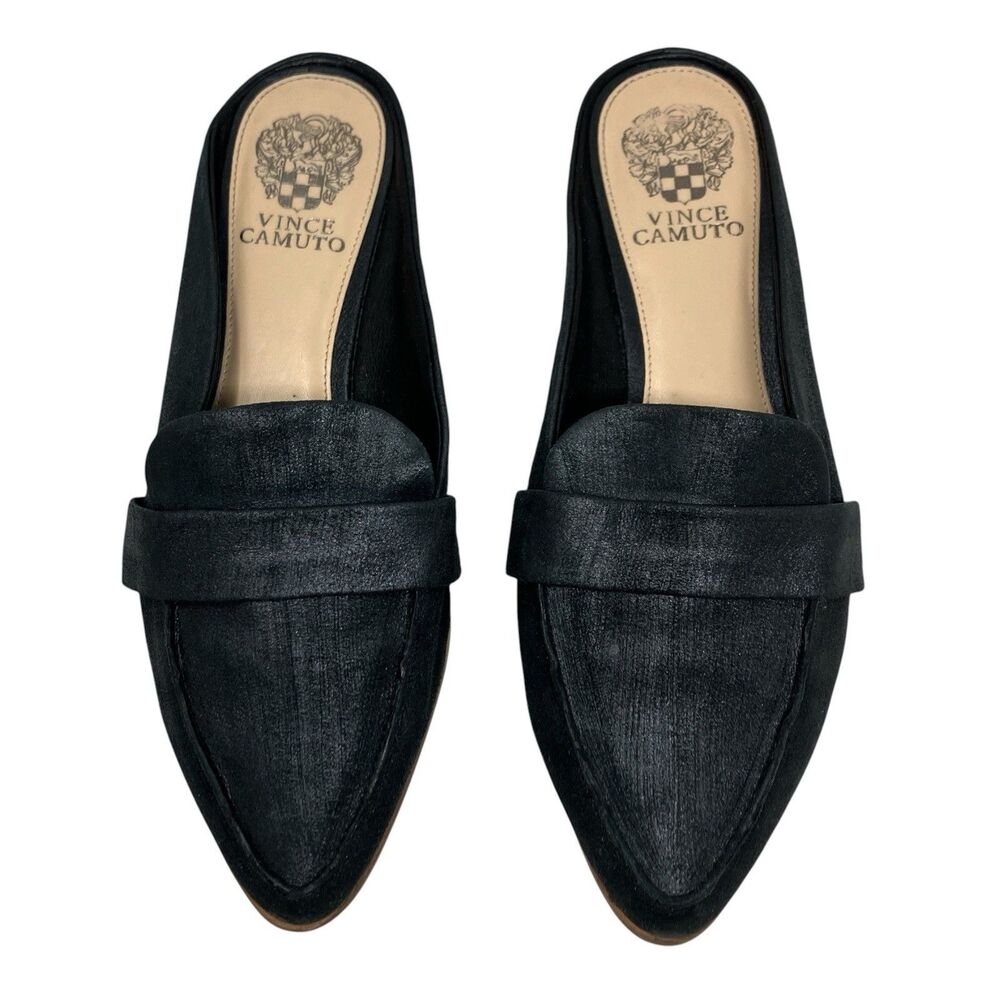 Vince Camuto Black Leather Kristie Pointed Mules Elevated Basic Flats Womens 8.5 - Picture 2 of 13